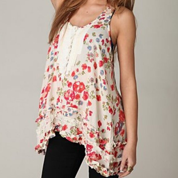 Free People Floral Tuxedo Ruffle Cami Tank Tunic Top ASO Alex Russo - Picture 3 of 10